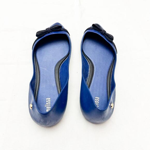Melissa Trippy Pointed Toe Ballet Flats Blue Black Bow Accent Size 9 - Picture 2 of 6